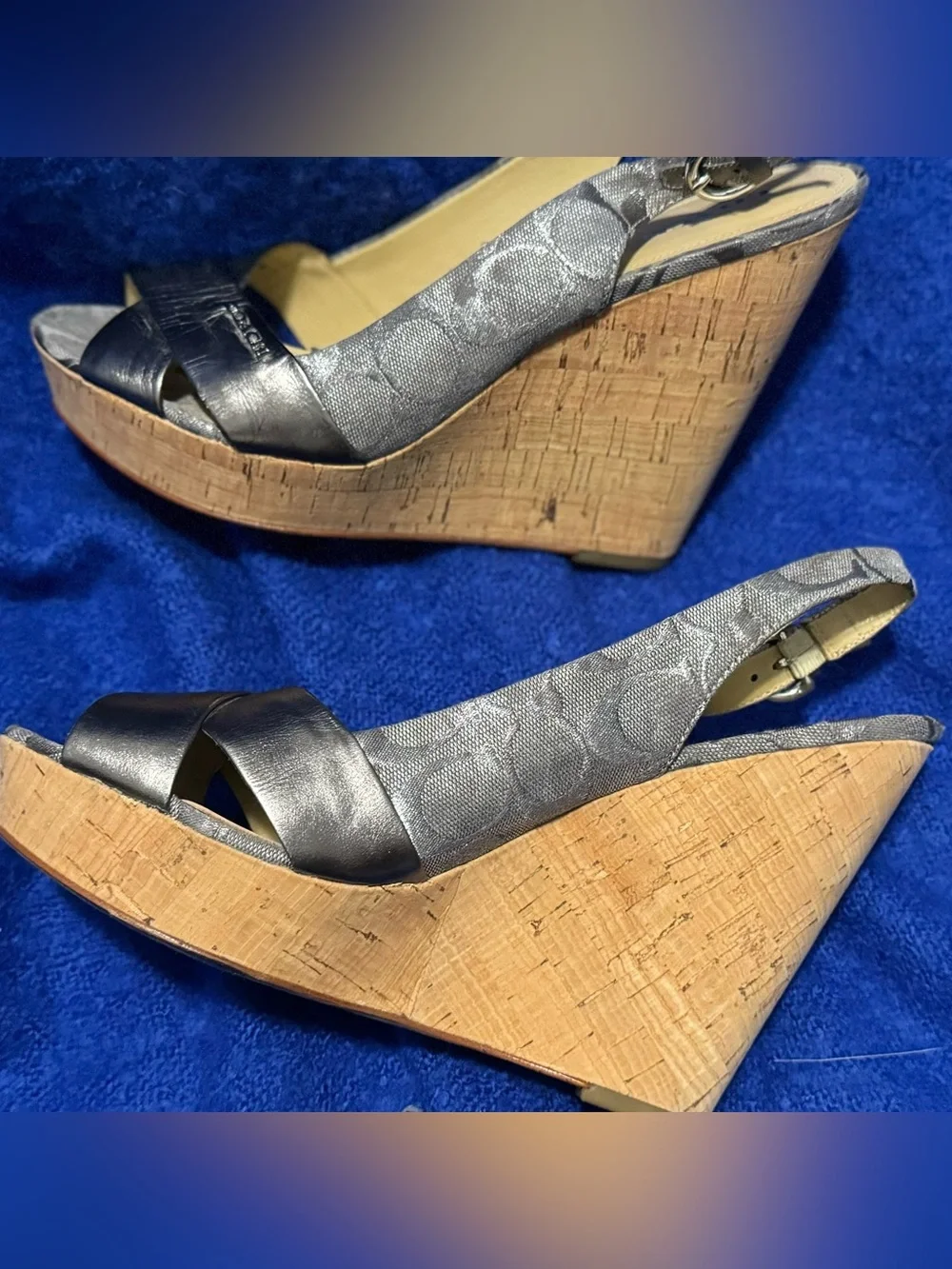 COACH FERRY WEDGES: Metallic Gray Slingback Sandals - Women